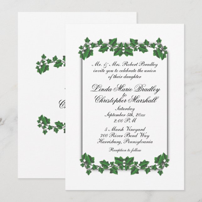 Grüne Blätter Einladung zur White Wedding (Vorne/Hinten)