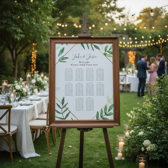 Grüne Blätter Elegante Hochzeitssessendiagramme Poster (Green leaves Elegant Wedding Seating Chart.)