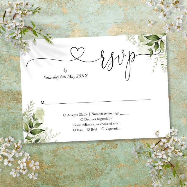Grüne Blätter Elegantes Script Herz RSVP Karte (Greenery Leaves Elegant Script Heart RSVP Card)