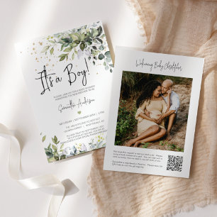 Grüne Blätter Es ist ein Boy Baby Shower QR Code F Einladung