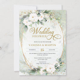 Grüne Blätter Eukalyptus Weißrosen Gold Oval Einladung