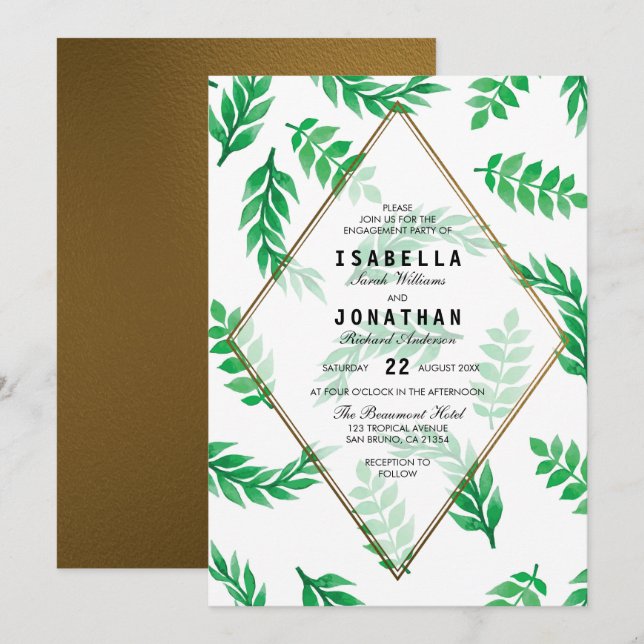 Grüne Blätter| Gold Floral Engagement Einladung (Vorne/Hinten)