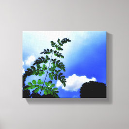 Grüne Blätter, Himmel und Wolkenhintergrund Leinwanddruck