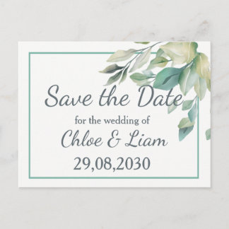 Grüne Blätter Hochzeit speichern das Datum Postkarte