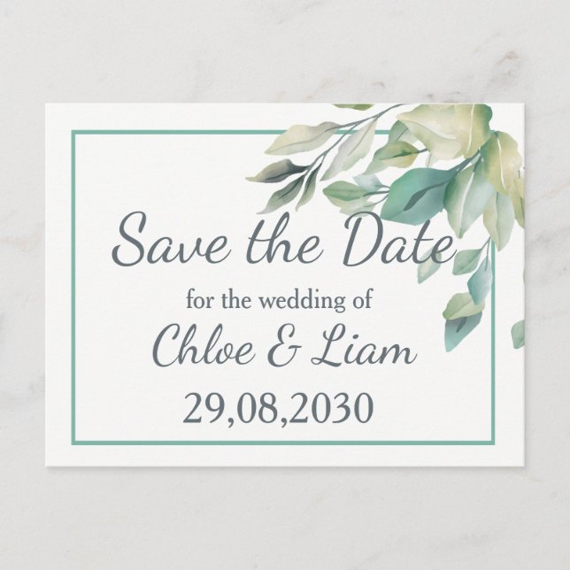 Grüne Blätter Hochzeit speichern das Datum Postkarte (Vorderseite)
