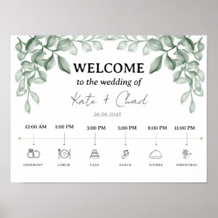 Grüne Blätter Hochzeits-Willkommens- und Zeitplanp Poster