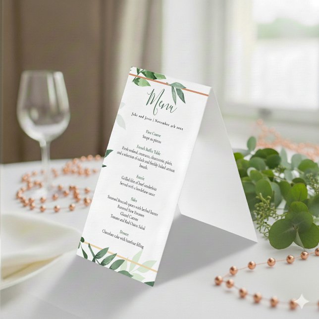 Grüne Blätter Hochzeitsempfang (Green leafy and copper wedding menu.)