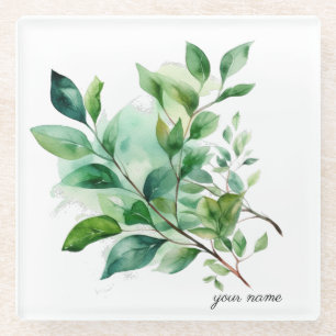 Grüne Blätter in Aquarell, anpassbar Glasuntersetzer