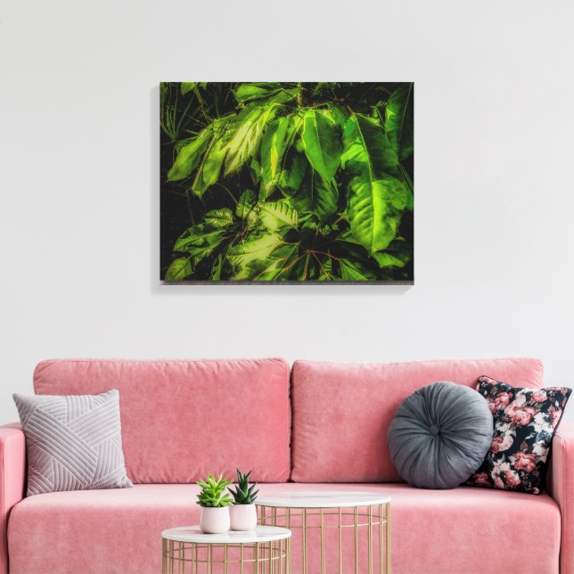 Grüne Blätter in sonnendurchfluteten Leinwand druc (Insitu (Wohnzimmer))