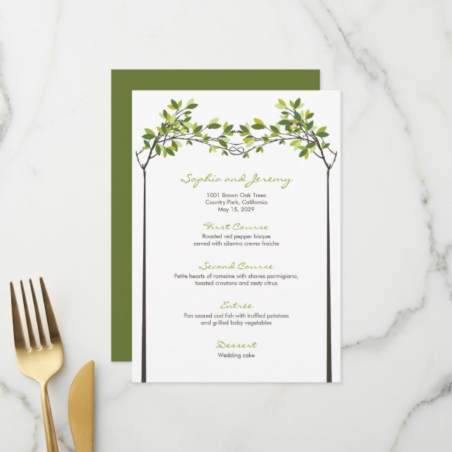Grüne Blätter Knotted Liebe Trees Summer Wedding Menükarte (Vorderseite/Rückseite Beispiel)