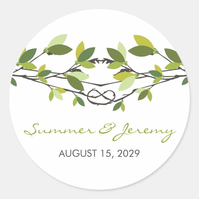 Grüne Blätter Knotted Liebe Trees Summer Wedding Runder Aufkleber (Vorderseite)