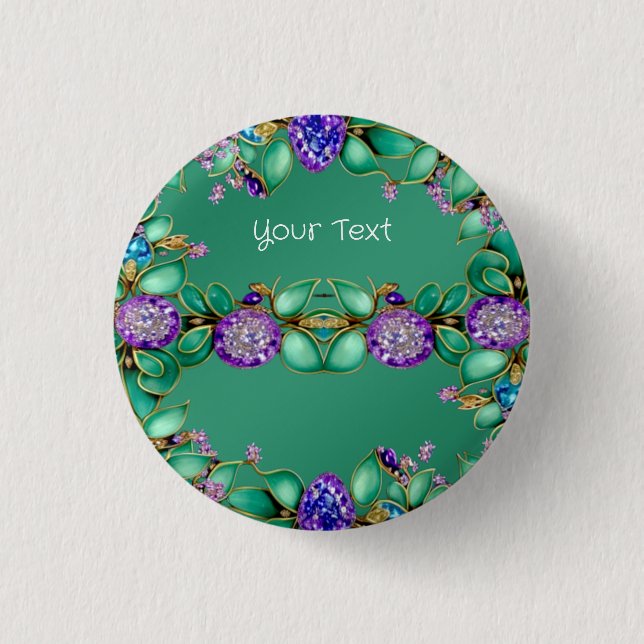 Grüne Blätter Lila Edelsteine Pinback Button (Vorderseite)