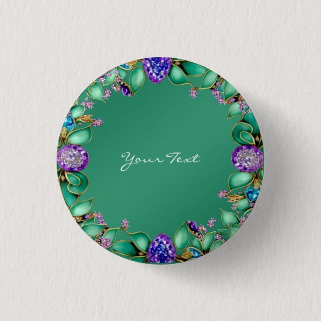 Grüne Blätter Lila Edelsteine Pinback Button (Vorderseite)