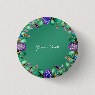 Grüne Blätter Lila Edelsteine Pinback-Taste Button