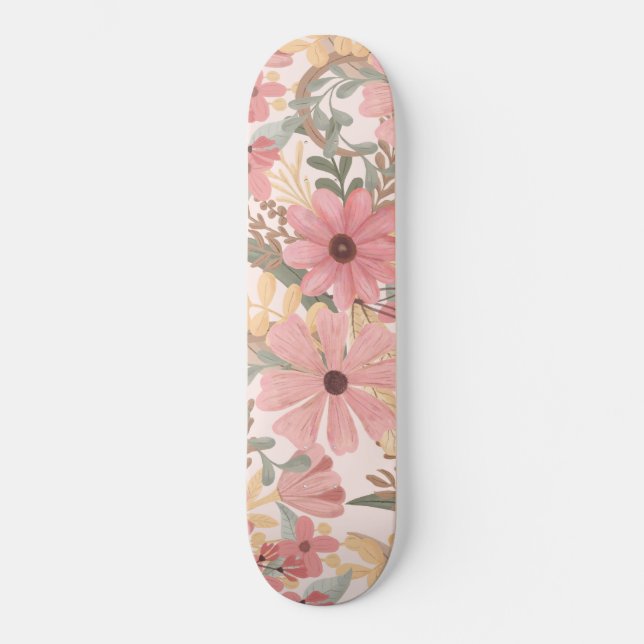 Grüne Blätter mit rosa Farbton Skateboard (Vorderseite)