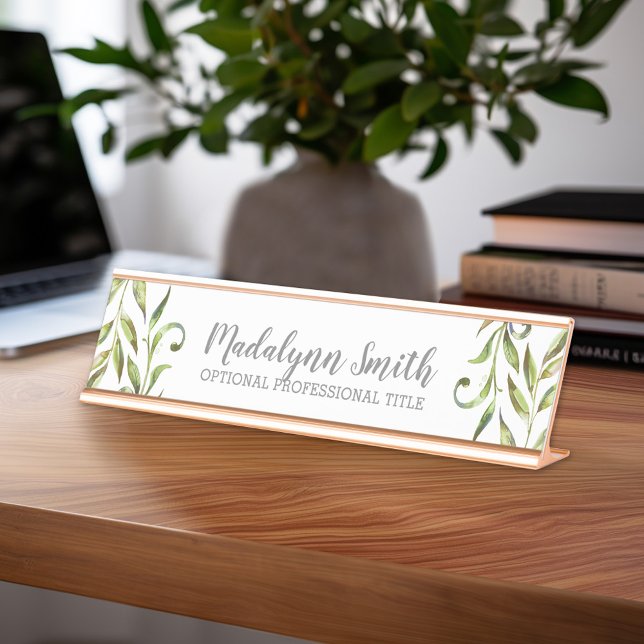 Grüne Blätter mit Skriptname und Titel Schreibtischnamensplakette (Personalized Name Plate)
