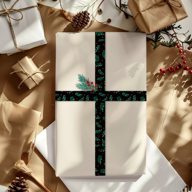 Grüne Blätter & Red Berries Weihnachtsmuster Schwa Satinband (Von Creator hochgeladen)