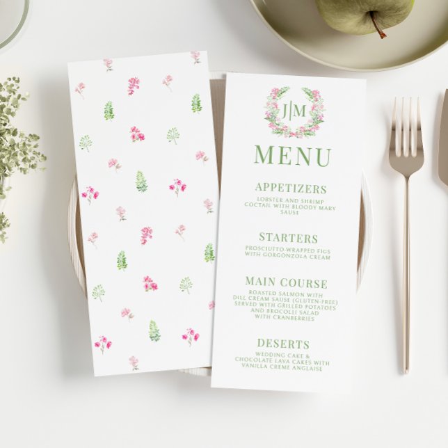 Grüne Blätter Rosa Blume Monogram Wedding Menu (Von Creator hochgeladen)