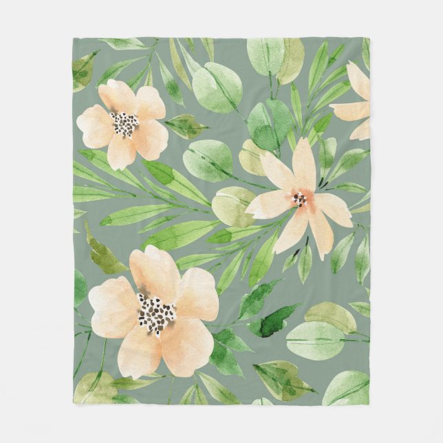 Grüne Blätter, rosa Blume: Wasserfarbe. Fleecedecke (Vorderseite)