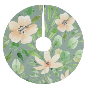 Grüne Blätter, rosa Blume: Wasserfarbe. Polyester Weihnachtsbaumdecke