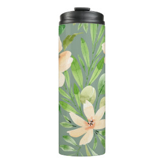 Grüne Blätter, rosa Blume: Wasserfarbe. Thermosbecher