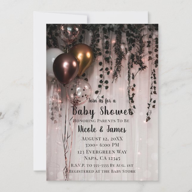Grüne Blätter Rose Gold Lights & Ivy Baby Dusche Einladung (Vorderseite)