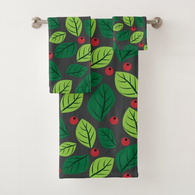 Grüne Blätter, rote Berries, Muster von Blätter Badhandtuch Set (Insitu)