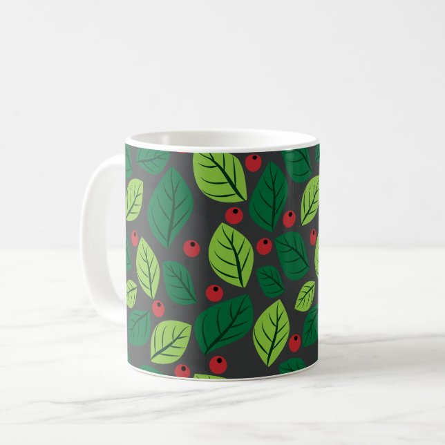 Grüne Blätter, rote Berries, Muster von Blätter Kaffeetasse (Vorderseite Links)
