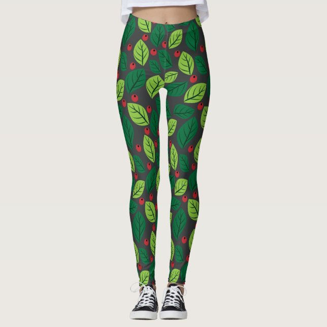 Grüne Blätter, rote Berries, Muster von Blätter Leggings (Vorderseite)