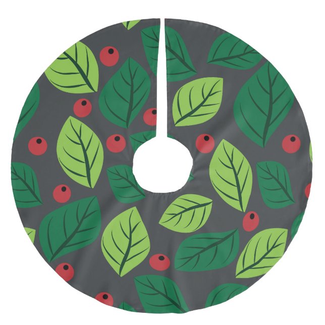 Grüne Blätter, rote Berries, Muster von Blätter Polyester Weihnachtsbaumdecke (Vorderseite)