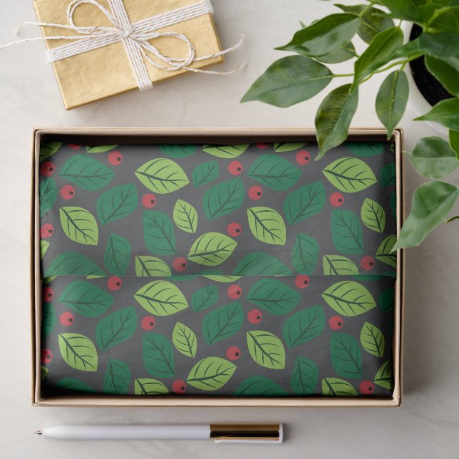 Grüne Blätter, rote Berries, Muster von Blätter Seidenpapier (Geschenk)