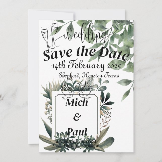 Grüne Blätter Save the Date mit elegantem weißem R Einladung (Vorderseite)