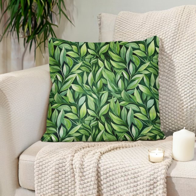 Grüne Blätter Schwarz Elegante Einzigartige Modern Kissen (Green leaves on black decorator pillow)