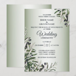 Grüne Blätter Schwarzes Olive Elegante Hochzeit Einladung