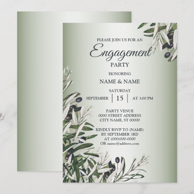 Grüne Blätter Schwarzes Olive Engagement Partei Einladung (Vorne/Hinten)