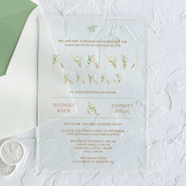 Grüne Blätter Typografie Anand Karaj Sikh Wedding Acryleinladungen (Von Creator hochgeladen)