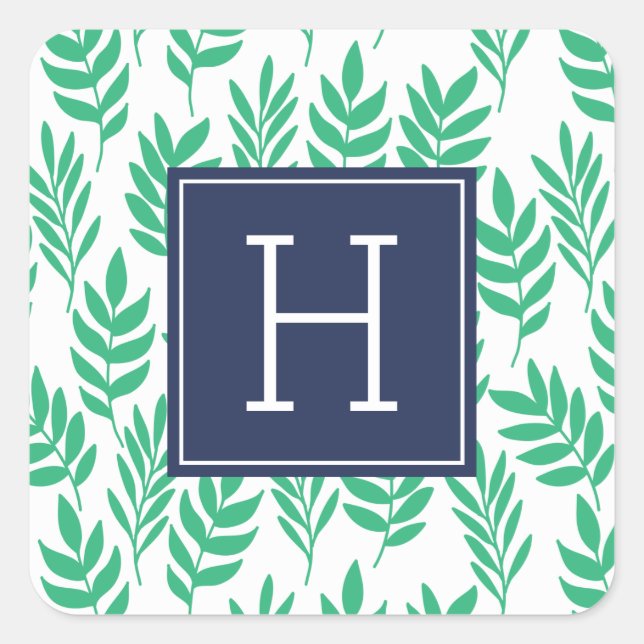 Grüne Blätter und blaue Monogramm Quadratischer Aufkleber (Vorderseite)