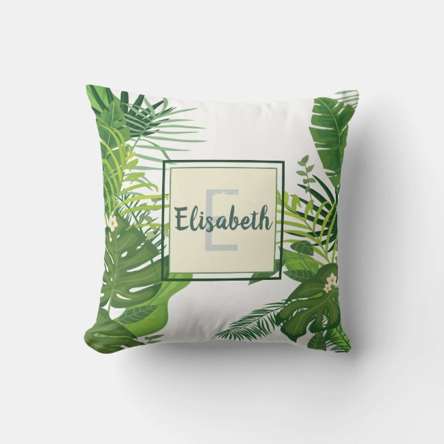 Grüne Blätter und Blume tropische Monogramm Kissen (Vorderseite)