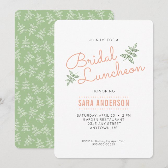 Grüne Blätter und Coral Bridal Luncheon Einladung (Vorne/Hinten)