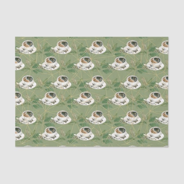 Grüne Blätter und Kaffee-Cup mit Bohnen Seidenpapier (Vorderseite)