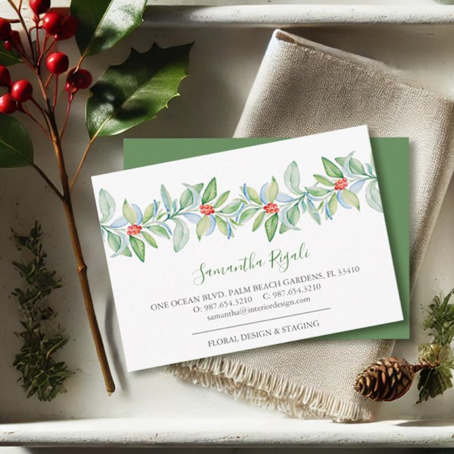 Grüne Blätter und Red Berries Visitenkarten Begleitkarte (Christmas business cards watercolor red and green botanicals by Victoria Grigaliunas VG Invites)