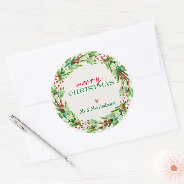 Grüne Blätter und Weihnachtskranz in Rot-Blumen Runder Aufkleber (Umschlag)
