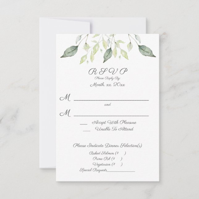 Grüne Blätter Wasserfarbe Hochzeit RSVP Karte (Vorderseite)