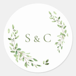 Grüne Blätter Wreath Monogram Wedding Runder Aufkleber