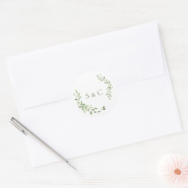 Grüne Blätter Wreath Monogram Wedding Runder Aufkleber (Umschlag)