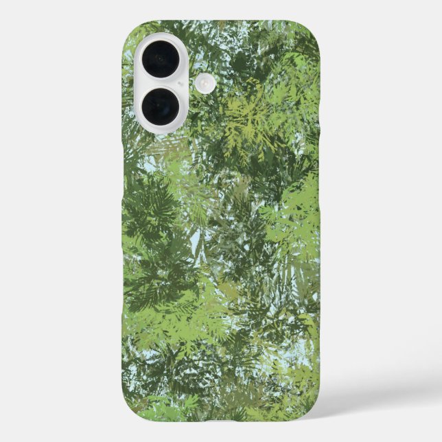 Grüne Blätterbäume mit blauem Himmel, die durch Ku iPhone 16 Hülle (Rückseite)