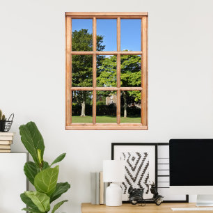 Grüne Blätterbäume und Hütte aus einem Fenster Poster