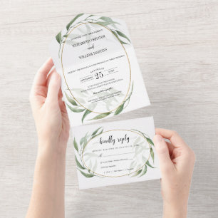 Grüne Blattpflanzen Geometrischer Rahmen Hochzeit  All In One Einladung