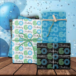 Grüne blaue 60. Geburtstagswrapping Paper Sheets Geschenkpapier Set