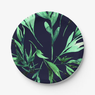Grüne Blaue Aquarell Botanische Glam Hochzeitsfeie Pappteller